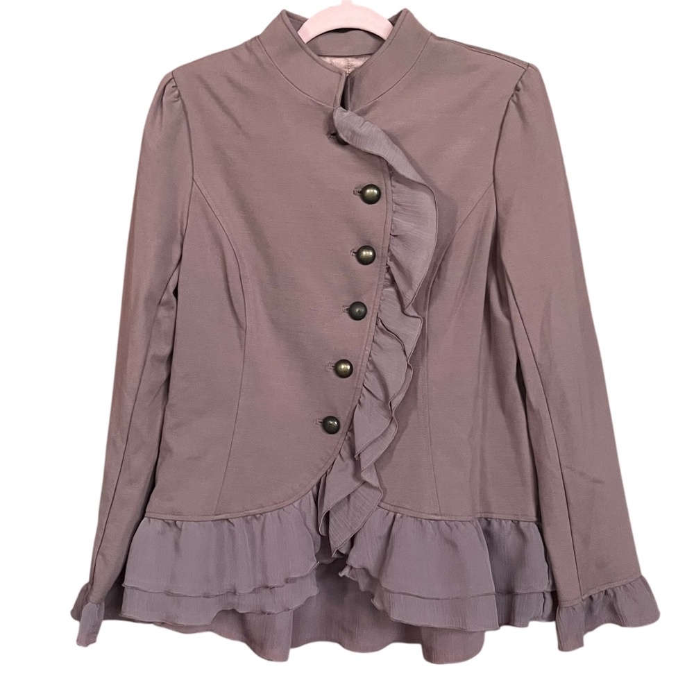 Hot In Hollywood Mauve Brown Sheer Ruffle Military Style Jacket Blazer